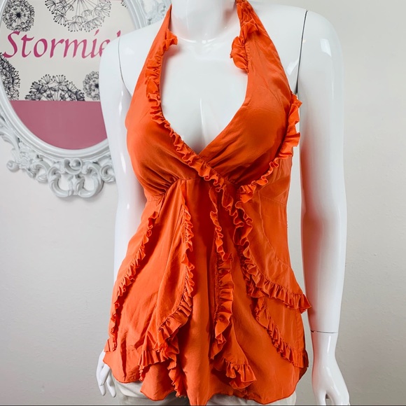 BCBGMaxAzria Tops - BCBCMaxAzria / 100% Silk Low V Ruffled Halter Top